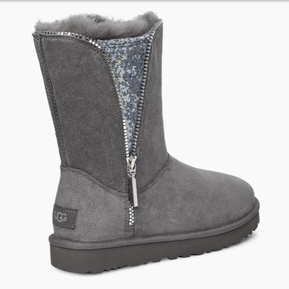 New UGG Gray Sequins Classic Zip Boots